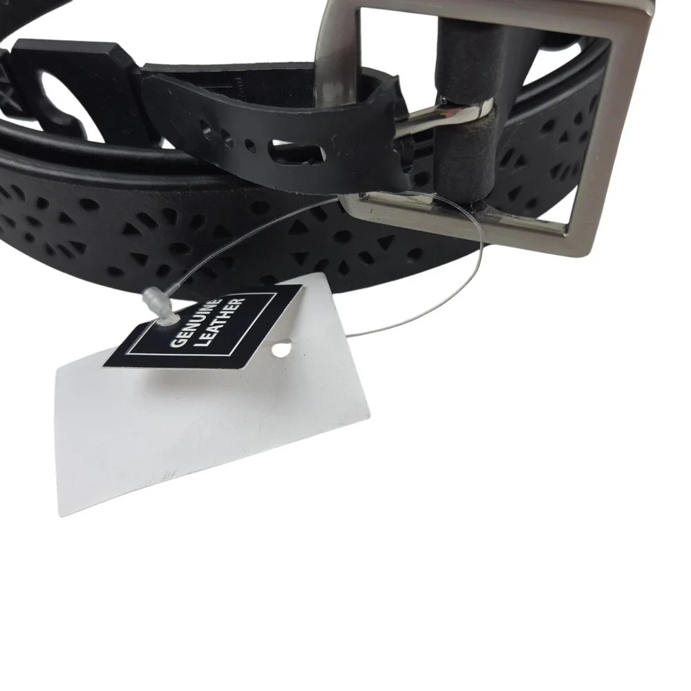 NWT Black Perforated Leather Belt Floral Festival XL Boho Silver Tone Buckle